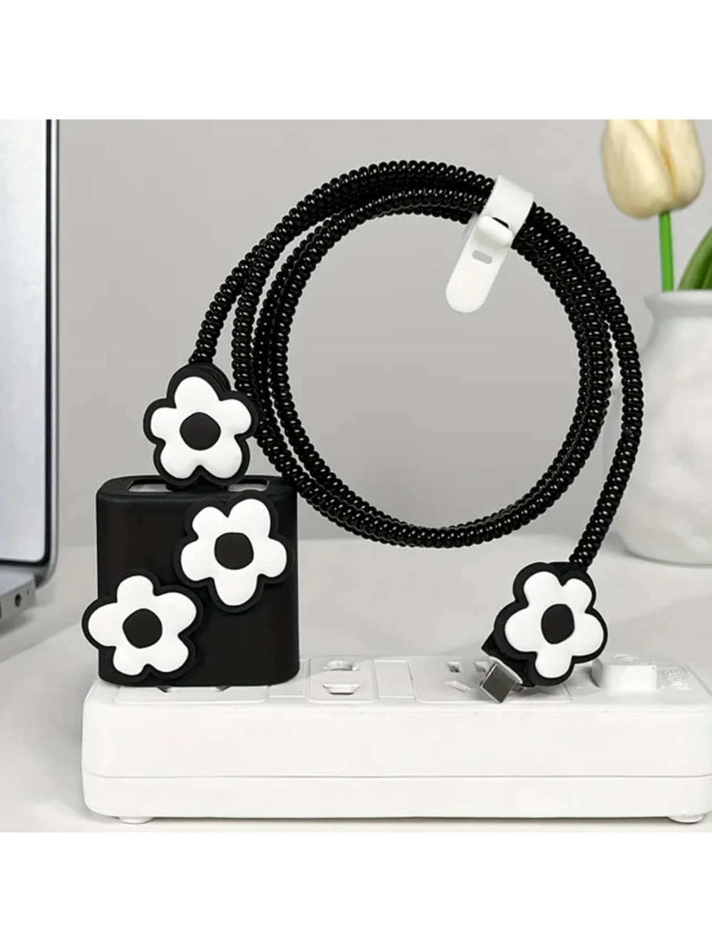 Black White Flowers iPhone Charger Cover Cable Protector P60